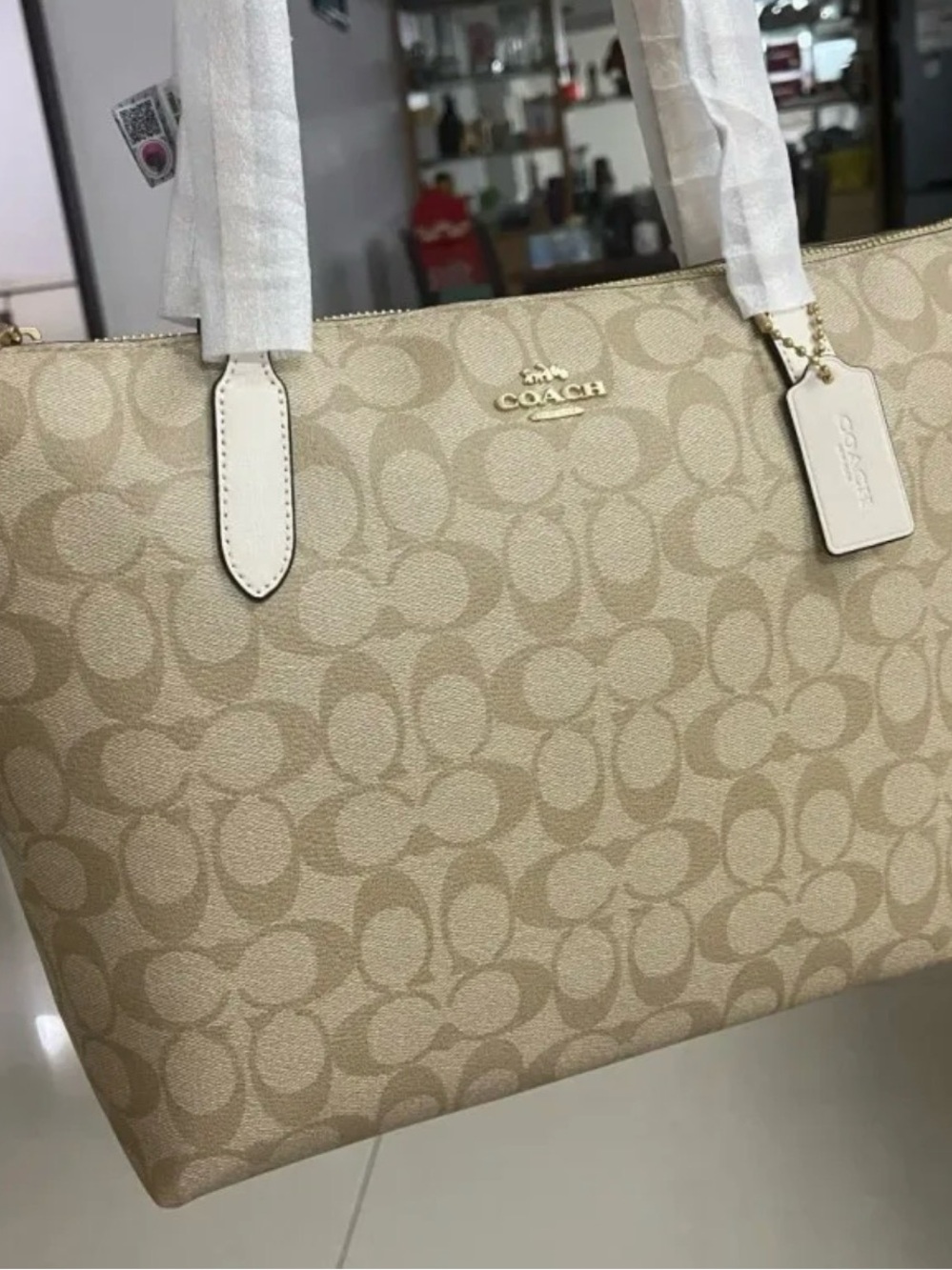 Coach Beige Signature Canvas Tote with Cream Trim